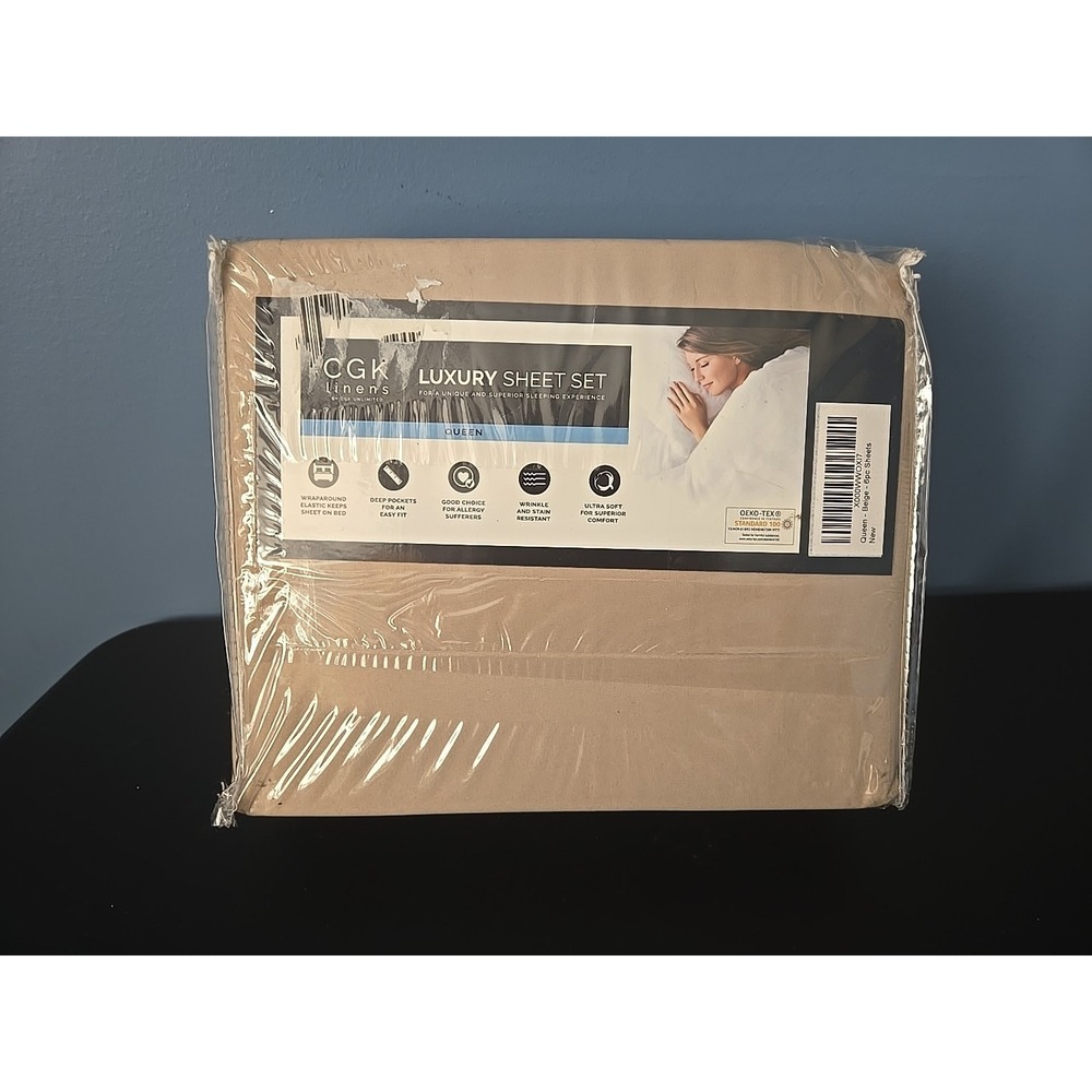CGK‎ Linens Queen Flat Sheet, Fitted Sheet, 2 Pillowcases Beige 6pc Sheets NEW